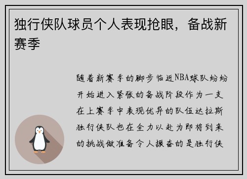 独行侠队球员个人表现抢眼，备战新赛季
